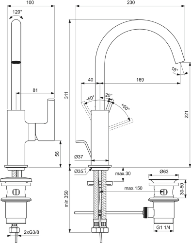 Ideal Standard JOY magasított mosdó csaptelep lefolyógarnitúrával, szálcsiszolt arany BC777A2