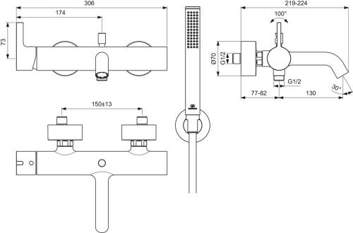 Ideal Standard JOY fali kádtöltő csaptelep zuhanyszettel, silver storm BC787GN