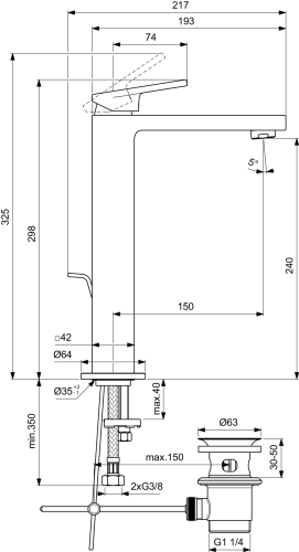 Ideal Standard EXTRA magasított mosdó csaptelep lefolyógarnitúrával, silver storm BD506GN