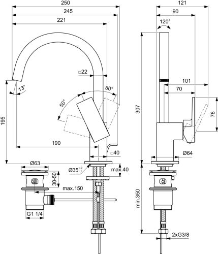 Ideal Standard EXTRA magasított mosdó csaptelep lefolyógarnitúrával, szálcsiszolt arany BD504A2