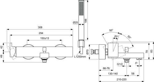 Ideal Standard EXTRA fali kádtöltő csaptelep zuhanyszettel, silver storm BD514GN