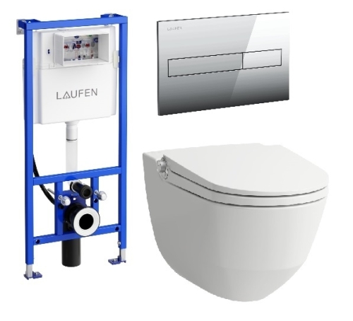 Laufen Riva okos wc szett, fehér wc csésze fényes króm nyomólappal SZP-LA2, (H8206914000001, H8946660000001, H8956610040001)