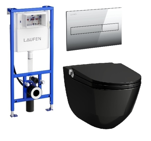 Laufen Riva okos wc szett, fényes fekete wc csésze fényes króm nyomólappal SZP-LA11, (H8206910200001, H8946660000001, H8956610040001)