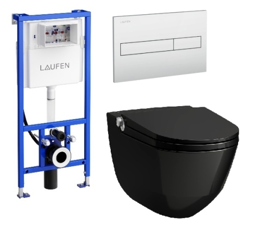 Laufen Riva okos wc szett, fényes fekete wc csésze matt króm nyomólappal SZP-LA12, (H8206910200001, H8946660000001, H8956610070001)