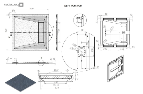 Radaway Doris C 90x90 szögletes öntöttmárvány zuhanytálca, fekete DC9090-54