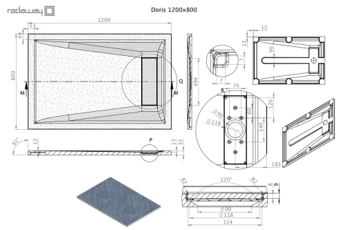 Radaway Doris F 120x80 szögletes öntöttmárvány zuhanytálca, fekete DF1280-54