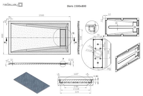 Radaway Doris F 150x80 szögletes öntöttmárvány zuhanytálca, szürke DF1580-52