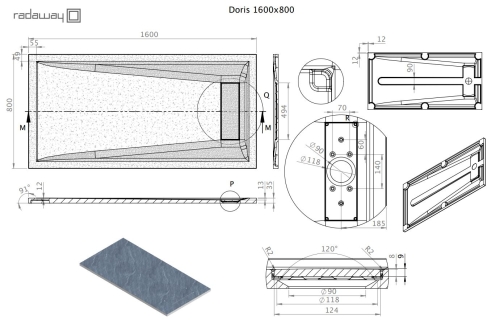 Radaway Doris F 160x80 szögletes öntöttmárvány zuhanytálca, szürke DF1680-52