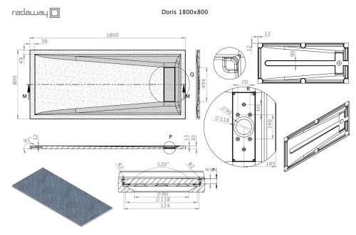 Radaway Doris F 180x80 szögletes öntöttmárvány zuhanytálca, fekete DF1880-54