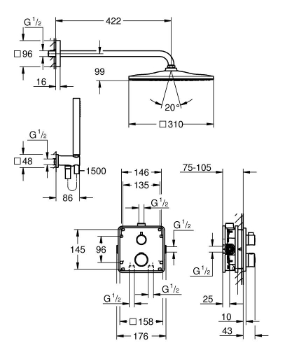 Grohe Grohtherm falsík alatti zuhanyrendszer Mono 310 Cube fejzuhannyal 34870000
