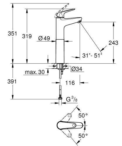 Grohe Euroeco egykaros mosdócsaptelep XL-es méret, króm 24273001