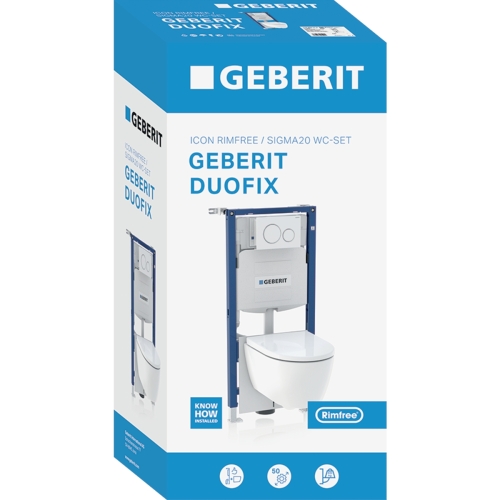 Geberit Duofix fali WC-szerelőelem készlet, 112 cm, Sigma 12 cm-es falsík alatti öblítőtartállyal, Sigma20 működtetőlap és iCon fali WC Rimfree 118.404.11.2