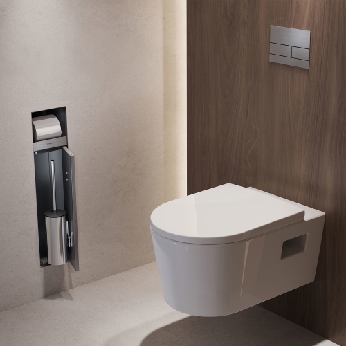 Hansgrohe XtraStoris Rock falba süllyesztett WC kefe tartó WC papír tartóval és csempézhető ajtóval, szálcsiszolt rozsdamentes acél 56062800