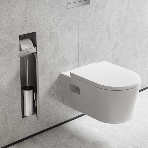 Hansgrohe XtraStoris Rock falba süllyesztett WC kefe tartó WC papír tartóval és csempézhető ajtóval, szálcsiszolt rozsdamentes acél 56062800