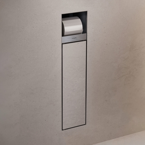 Hansgrohe XtraStoris Rock falba süllyesztett WC kefe tartó WC papír tartóval és csempézhető ajtóval, szálcsiszolt rozsdamentes acél 56062800