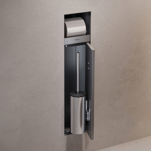 Hansgrohe XtraStoris Rock falba süllyesztett WC kefe tartó WC papír tartóval és csempézhető ajtóval, szálcsiszolt rozsdamentes acél 56062800