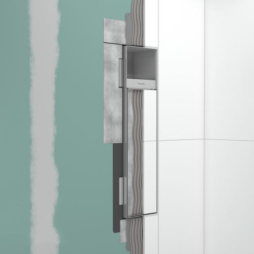 Hansgrohe XtraStoris Rock falba süllyesztett WC kefe tartó WC papír tartóval és csempézhető ajtóval, szálcsiszolt rozsdamentes acél 56062800