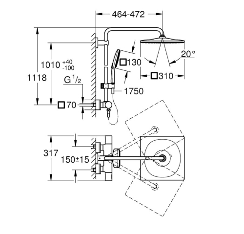 Grohe Rainshower SmartActive 310 Cube termosztátos zuhanyrendszer, cool sunrise 26837GL0