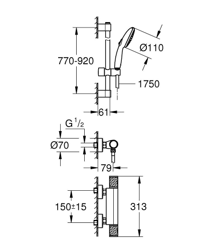 Grohe Grohtherm 1000 termosztátos zuhanycsaptelep zuhanyszettel, króm 34835001