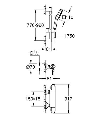 Grohe Grohtherm 1000 termosztátos zuhanycsaptelep zuhanyszettel, króm 34824005