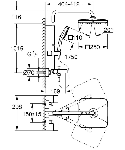 Grohe Tempesta System 250 Cube termosztátos zuhanyrendszer kádtöltővel, króm 26975001