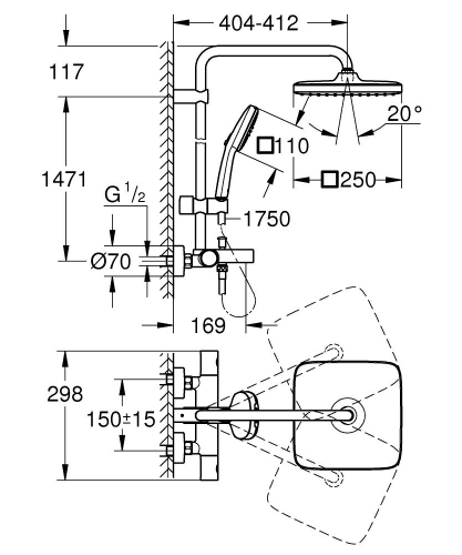 Grohe Tempesta System 250 Cube termosztatos zuhanyrendszer kádtöltővel, matt fekete 266912431