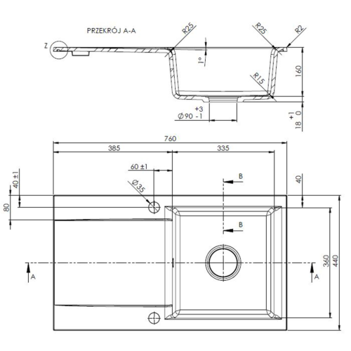 Invena Tesalia egy medencés egy csepptálcás gránit mosogató, fekete, króm leeresztő AZ-01-043-B