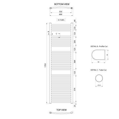 Sapho AQUALINE ALYA 600x1703 mm íves fürdőszobai radiátor, króm LLC205