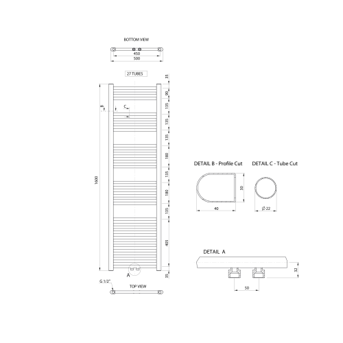 Sapho AQUALINE ALYA 500x1600 mm fürdőszobai radiátor középső bekötéssel, króm LLS304
