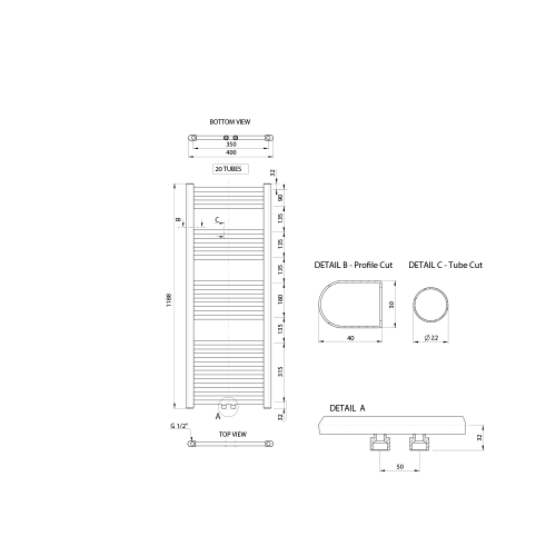 Sapho AQUALINE ALYA 400x1188 mm fürdőszobai radiátor középső bekötéssel, króm LLS308