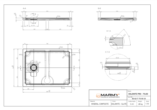 Marmy DOLOMITE PRO 70x90 zuhanytálca, Prada White 80 8217 70 90 50
