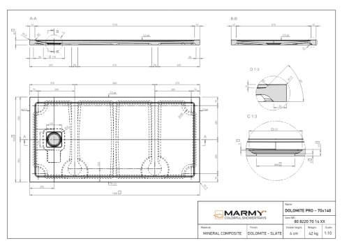 Marmy DOLOMITE PRO 70x140 zuhanytálca, Cavalli Black 80 8220 70 14 54