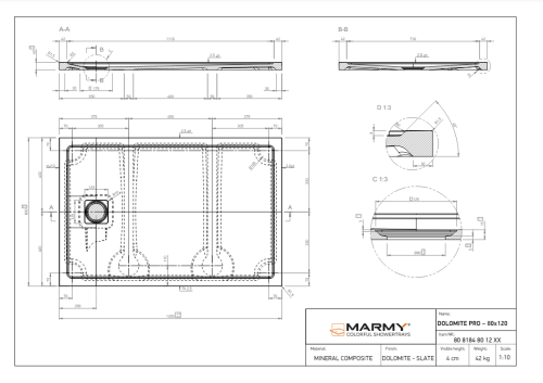 Marmy DOLOMITE PRO 80x120 zuhanytálca, Cavalli Black 80 8184 80 12 54