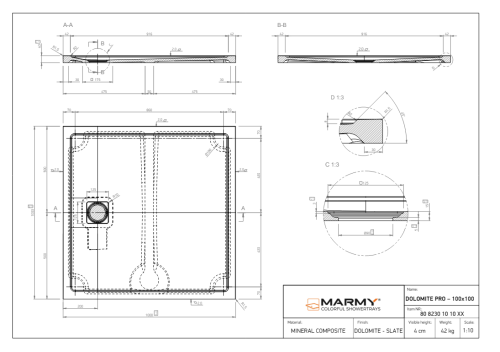 Marmy DOLOMITE PRO 100x100 zuhanytálca, Cavalli Black 80 8230 10 10 54