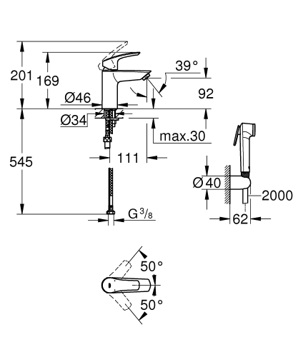 Grohe Eurosmart egykaros mosdócsaptelep bide zuhannyal S-es méret, matt fekete 231242433