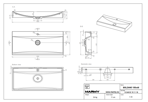 Marmy BOLZANO 100x46 cm mosdó, fehér 6 229 51 10 11 18