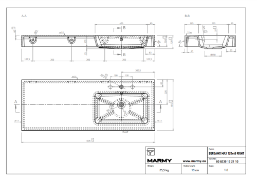 Marmy BERGAMO MAX 120x46 cm jobbos mosdó, fehér 80 8239 12 21 10