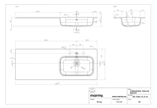 Marmy CREMONA 120x46 cm jobbos mosdó, fehér 80 7284 12 21 10