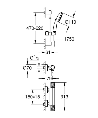 Grohe Grohtherm 1000 Performance termosztátos zuhanycsaptelep zuhanyszettel, króm 34834001