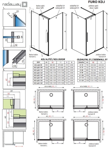Radaway Furo Gold KDJ 90x120 cm balos szögletes zuhanykabin, arany 10104472-09-01L, 10110430-01-01 + 10113120-01-01 (B)
