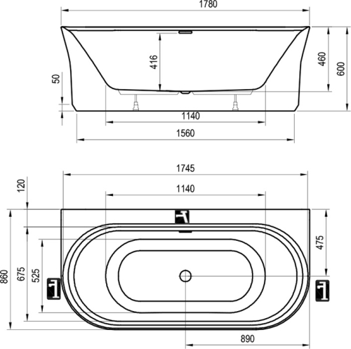 Ravak Ypsilon Wall 178x86 cm szabadon álló kád fehér lefolyóval, Smoke Grey/fehér XC00100077