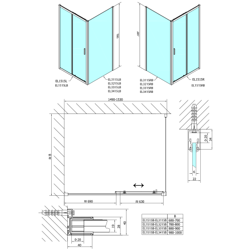 Sapho POLYSAN EASY LINE BLACK 150 cm tolóajtó transzparent üveggel, matt fekete EL1515B