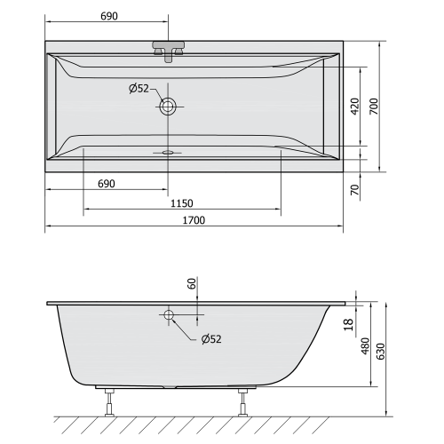 Sapho POLYSAN CLEO SLIM 170x70 cm akril kád, fehér 74611S
