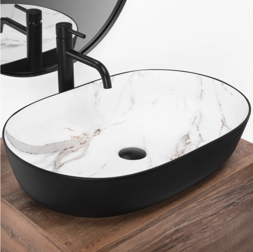 REA Cleo 61 BLACK AIAX MATT pultra ültethető mosdó 60,5x41 cm, fekete/márvány mintás REA-U6625