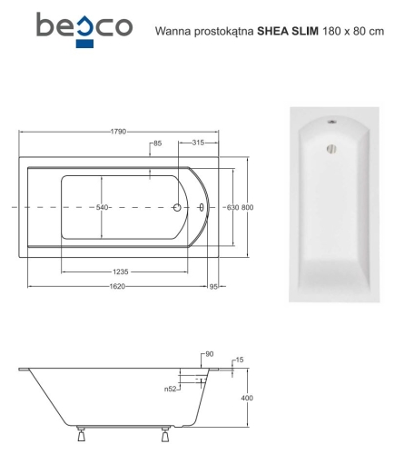Besco SHEA SLIM 180x80 cm egyenes kád, fehér WAS-180-SL