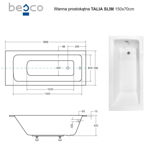 Besco TALIA SLIM 150x70 cm egyenes kád, fehér WAT-150-SL