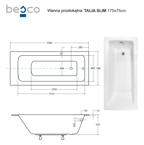 Besco TALIA SLIM 170x75 cm egyenes kád, fehér WAT-170-SL