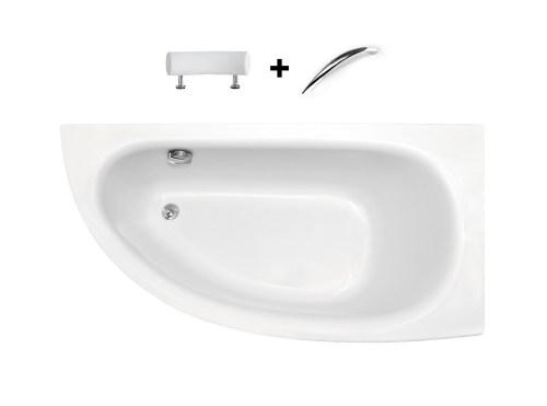 Besco MILENA PREMIUM 150x70 cm jobbos aszimmetrikus kád fejpárnával és kapaszkodóval, fehér WAM-150-NPS