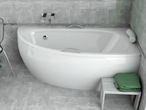 Besco MILENA PREMIUM 150x70 cm jobbos aszimmetrikus kád fejpárnával és kapaszkodóval, fehér WAM-150-NPS
