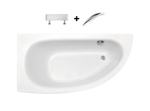 Besco MILENA PREMIUM 150x70 cm balos aszimmetrikus kád fejpárnával és kapaszkodóval, fehér WAM-150-NLS